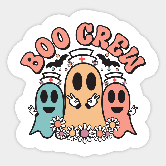 Boo Crew, Cute Nurse Ghosts With Flowers And Bats, Funny Halloween Sticker by MisqaPi Design